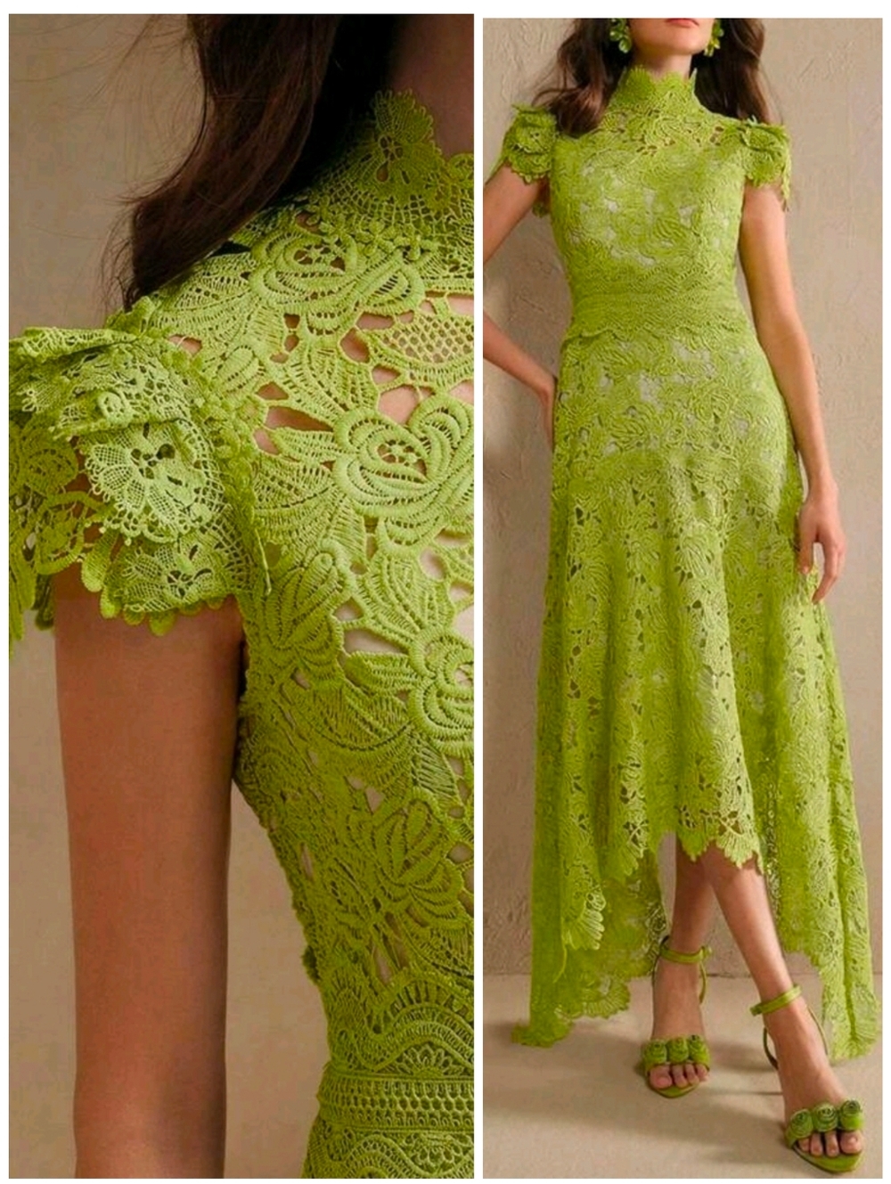 New Luxe Embroidered Lace Asymmetrical Maxi Dress Stand Collar Bright Green